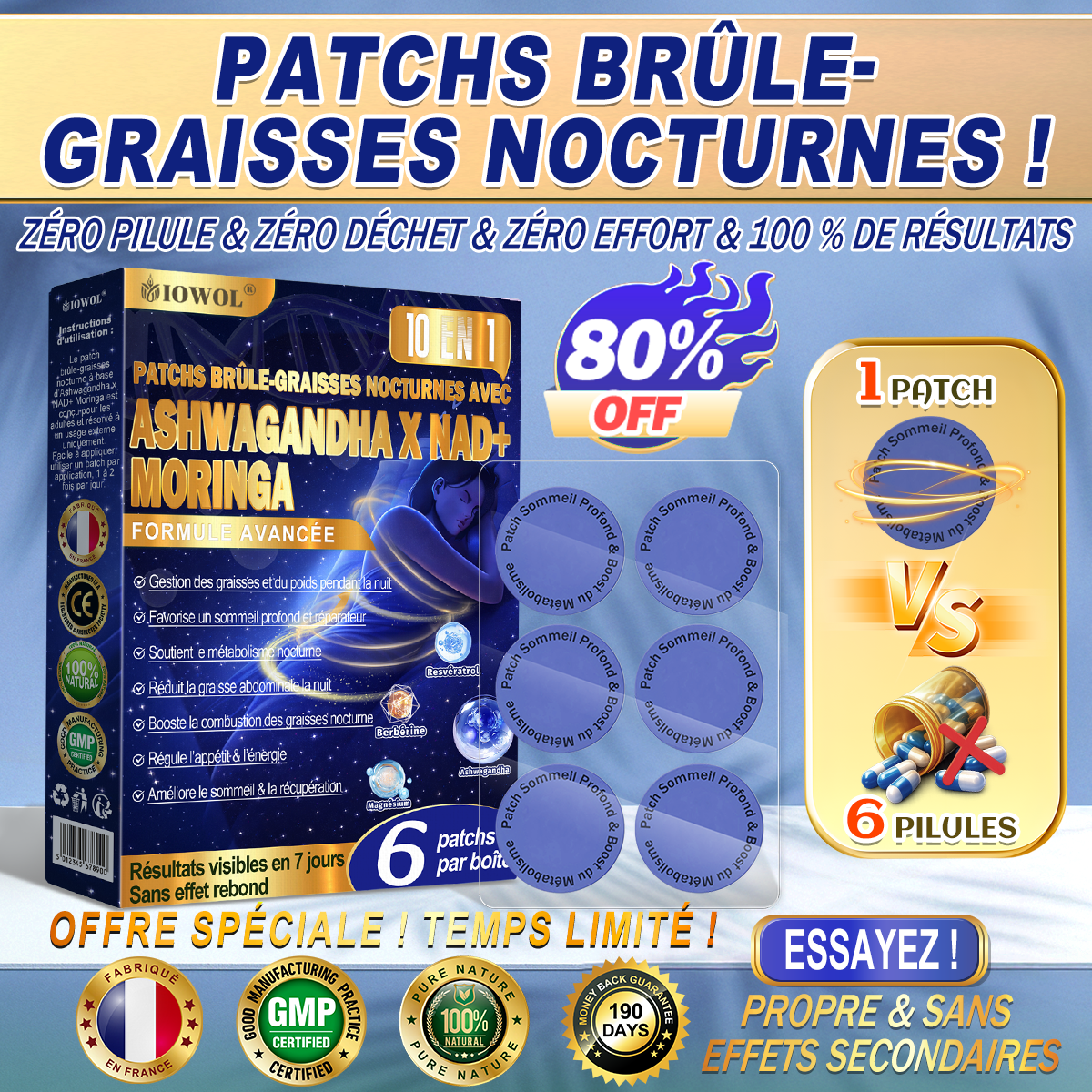 IOWOL® Patch brûle-graisse nocturne ! Zéro comprimé, zéro contrainte, zéro effort et 100 % de résultats.